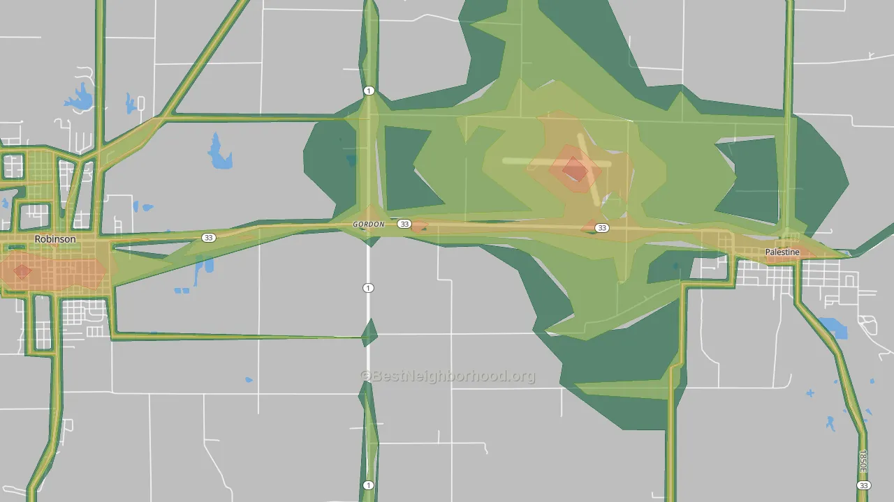 Gordons, IL Map of Noise Levels in Gordons