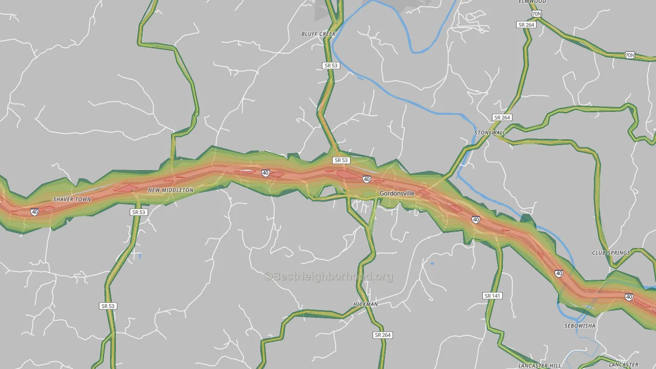 Gordonsville, TN Map of Noise Levels in Gordonsville