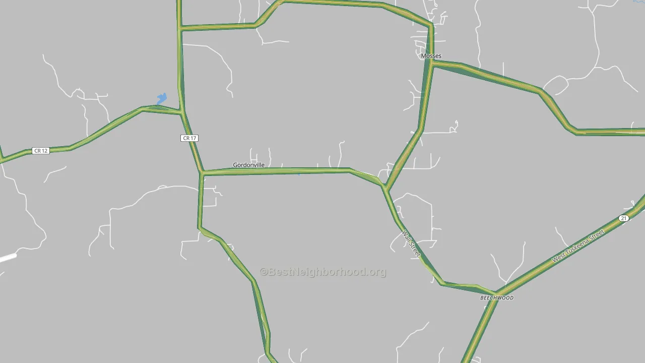 Gordonville, AL Map of Noise Levels in Gordonville