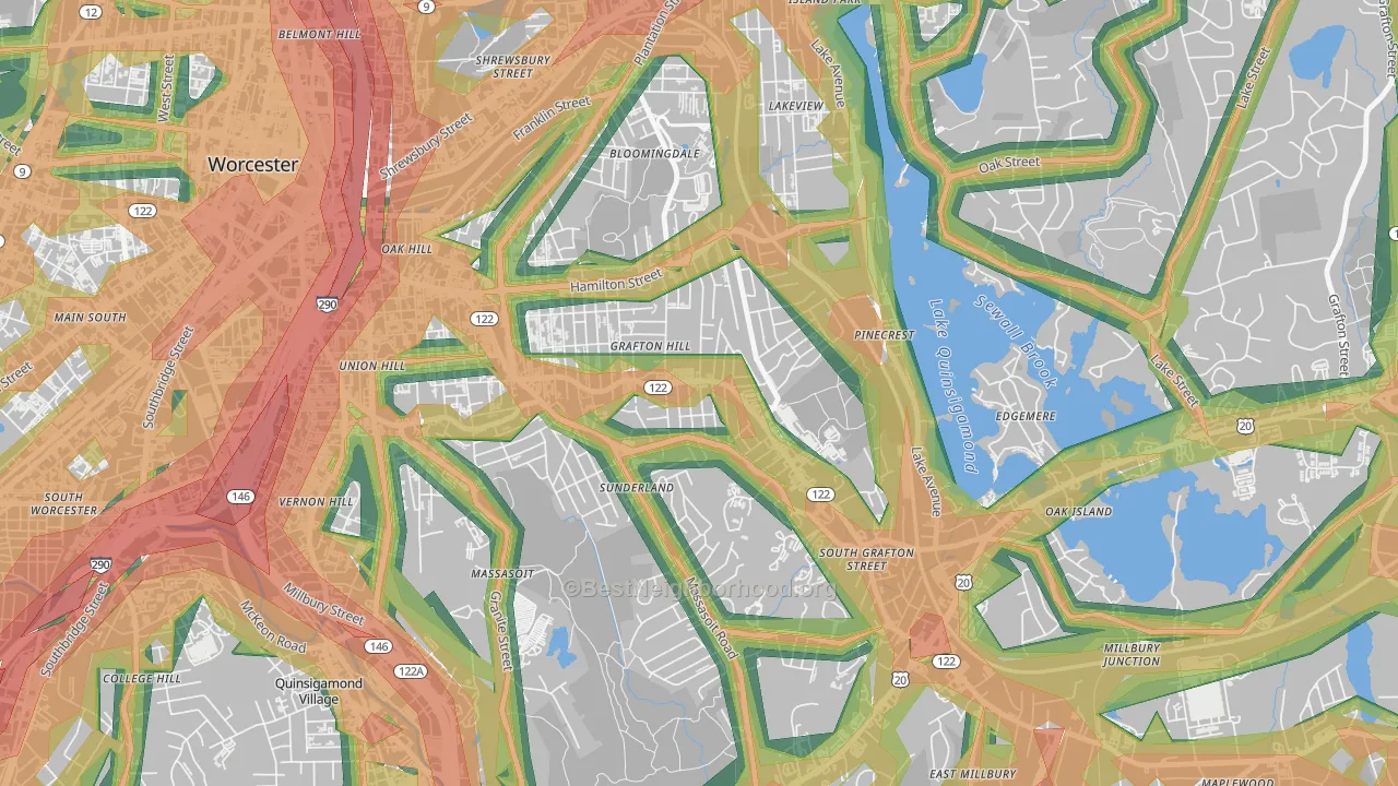Grafton Hill, Worcester, MA Map of Noise Levels in Grafton Hill