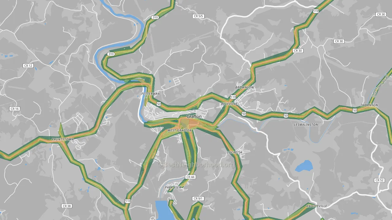 Grafton, WV Map of Noise Levels in Grafton