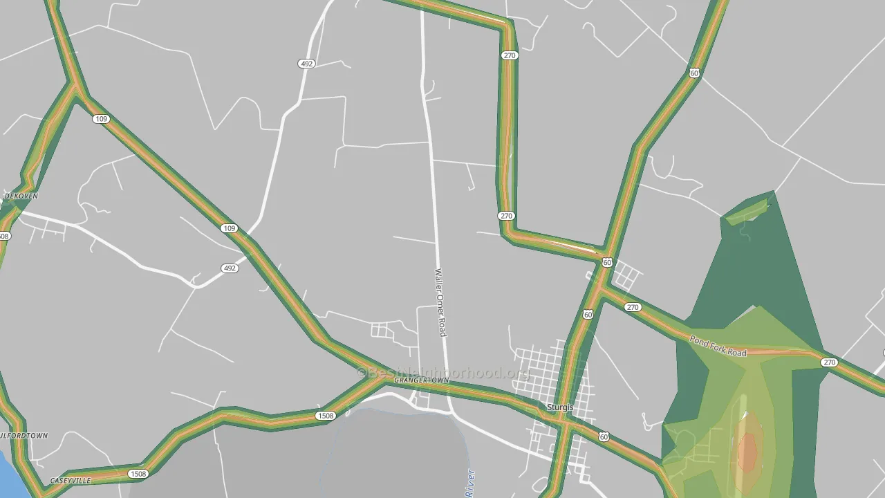 Grangertown, KY Map of Noise Levels in Grangertown