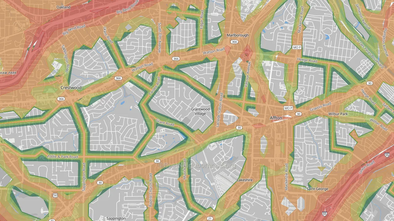 Grantwood Village, MO Map of Noise Levels in Grantwood Village