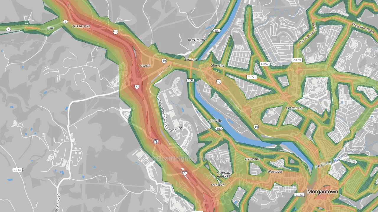 Granville, WV Map of Noise Levels in Granville