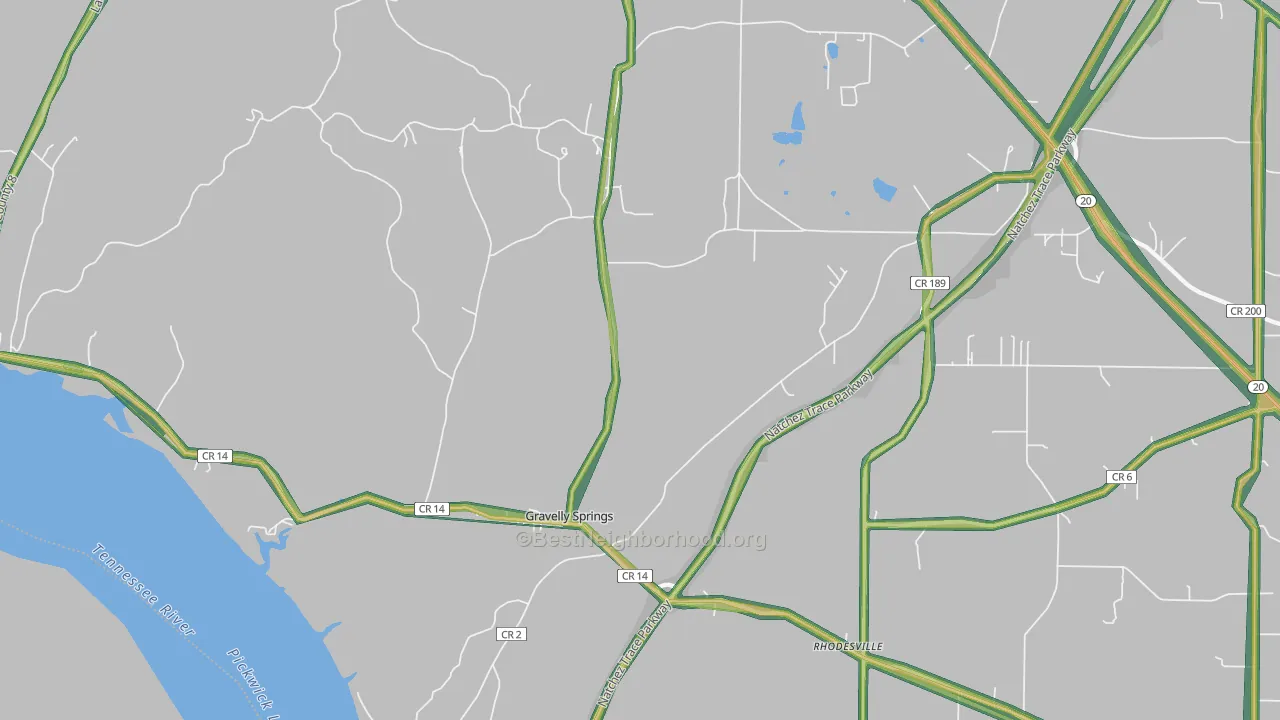 Gravelly Springs, AL Map of Noise Levels in Gravelly Springs