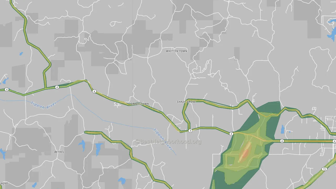Gravestown, MS Map of Noise Levels in Gravestown