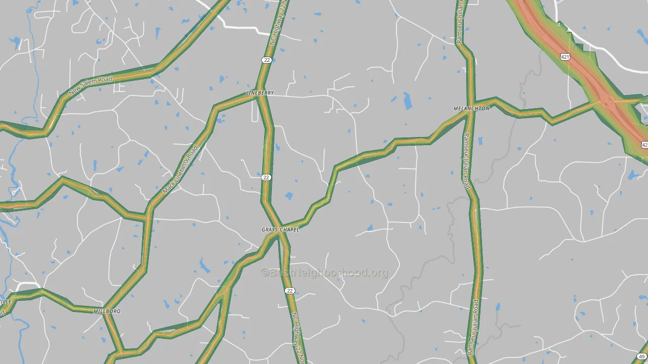 Grays Chapel, NC Map of Noise Levels in Grays Chapel