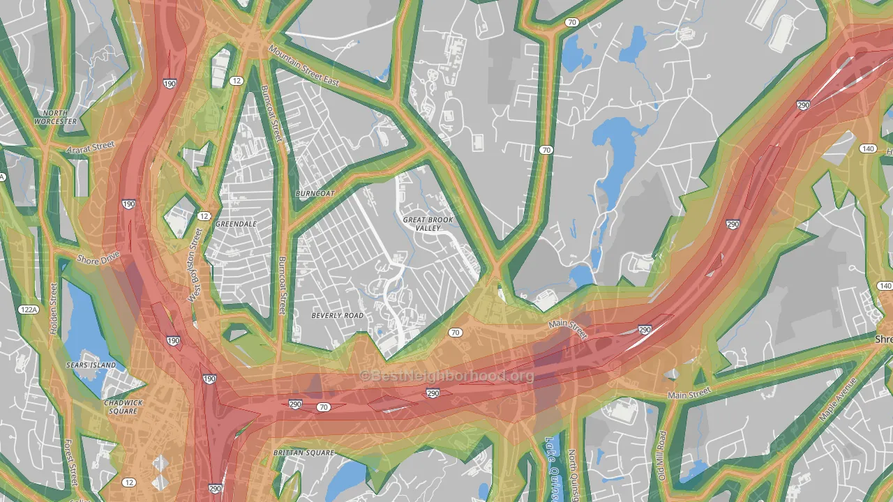 Great Brook Valley, Worcester, MA Map of Noise Levels in Great Brook Valley
