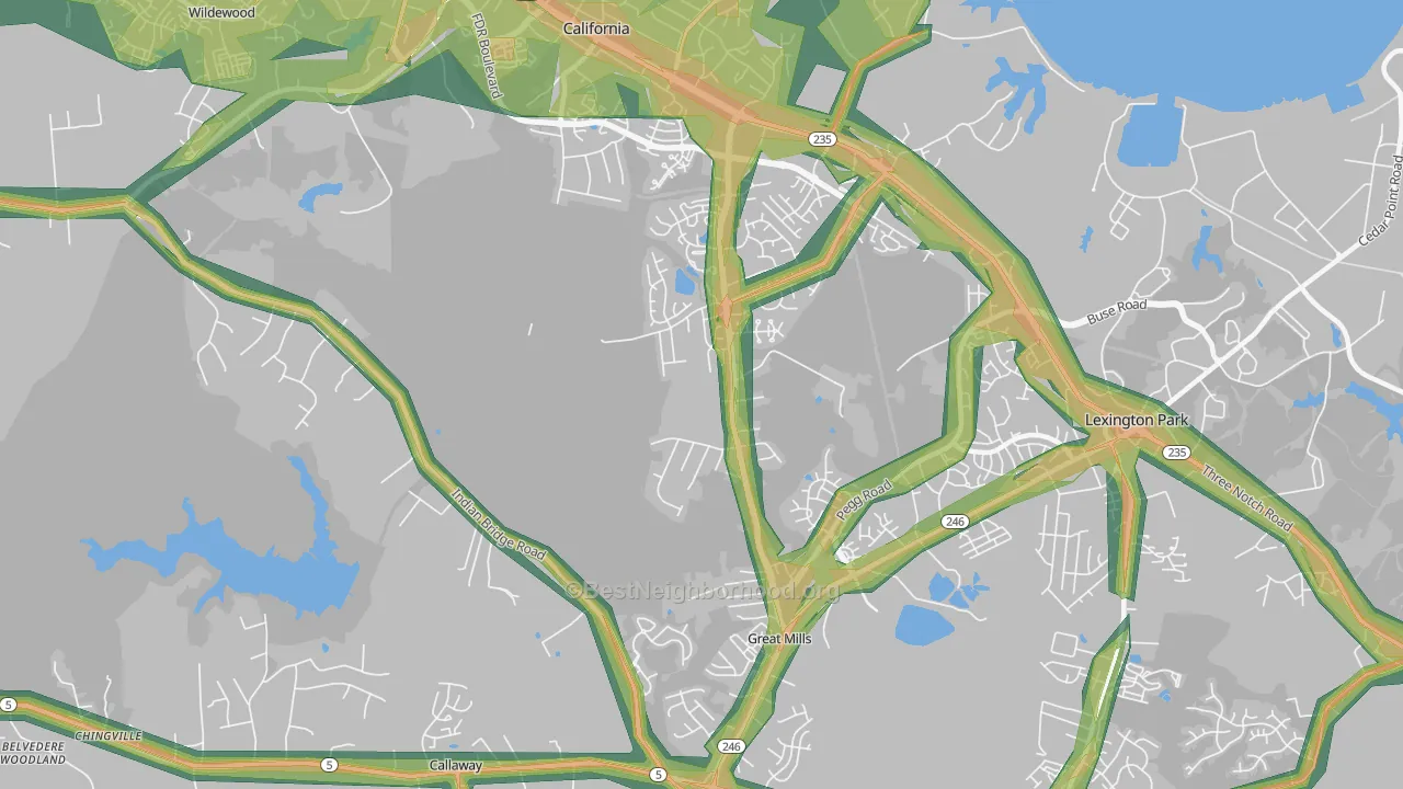 Great Mills, MD Map of Noise Levels in Great Mills