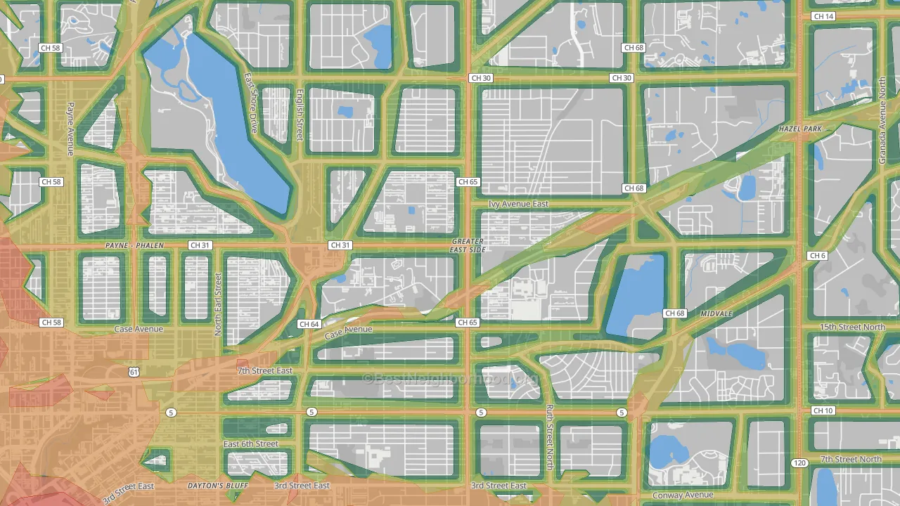 Greater Eastside, St. Paul, MN Map of Noise Levels in Greater Eastside