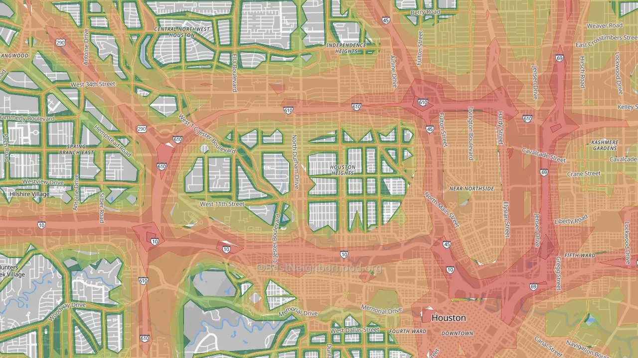 Greater Heights, Houston, TX Map of Noise Levels in Greater Heights
