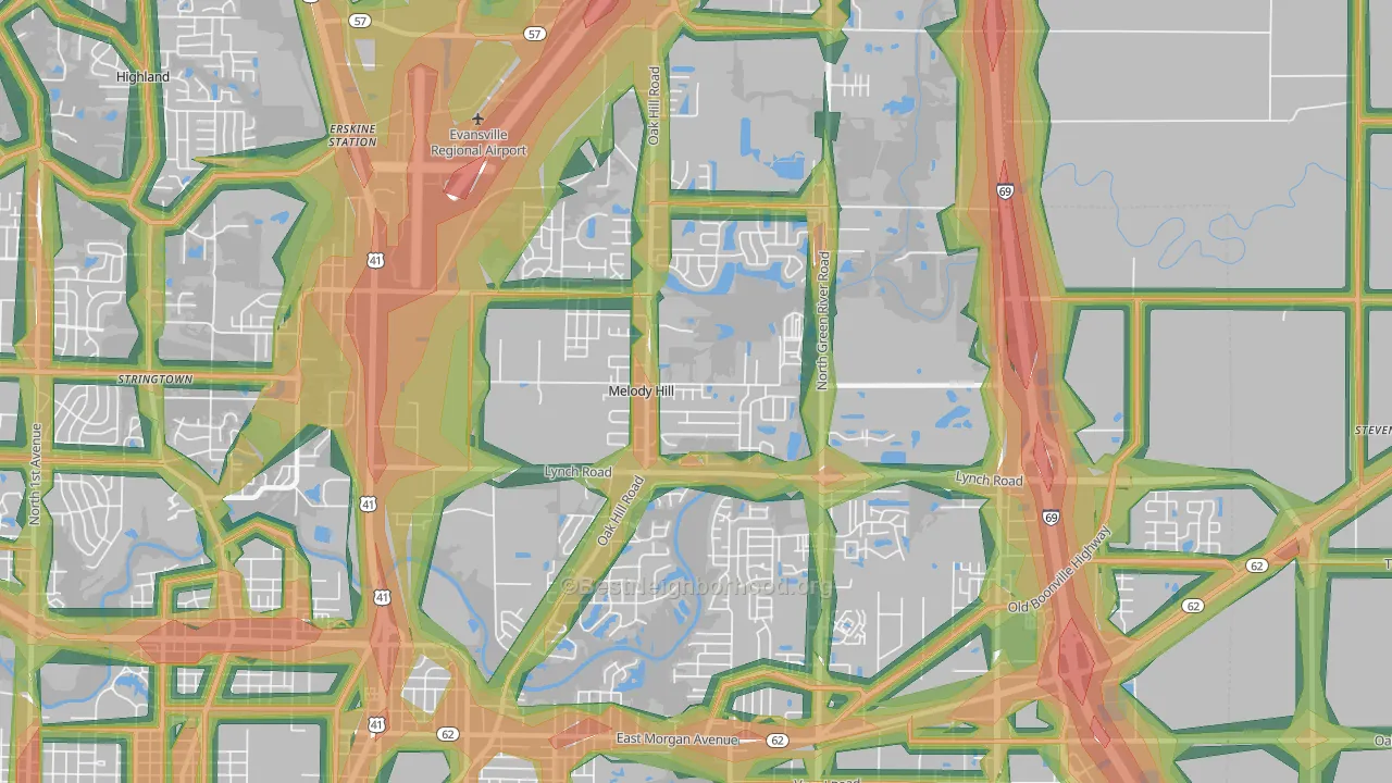 Greater Oakhill, Evansville, IN Map of Noise Levels in Greater Oakhill