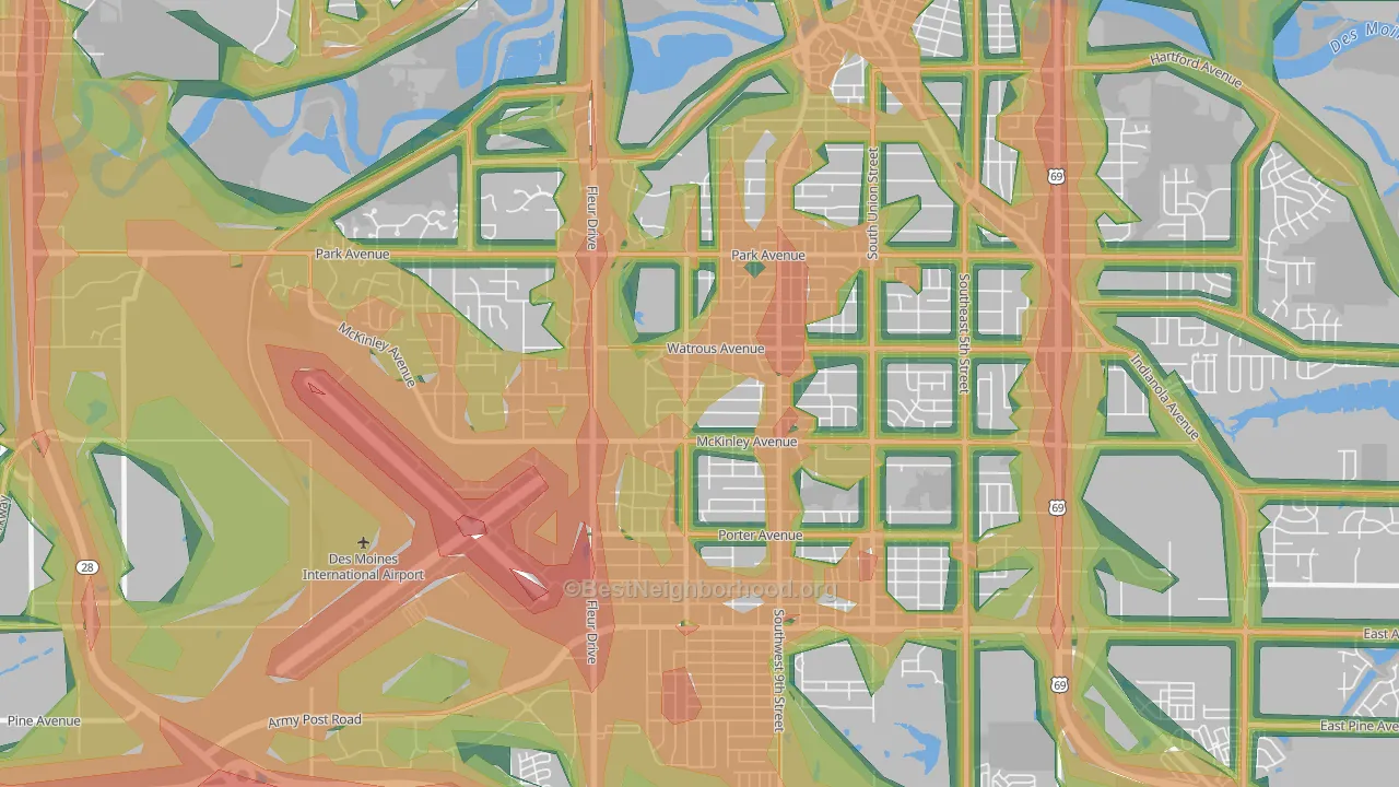Greater South Side, Des Moines, IA Map of Noise Levels in Greater South Side