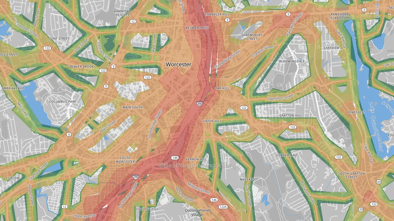 Green Island, Worcester, MA Map of Noise Levels in Green Island