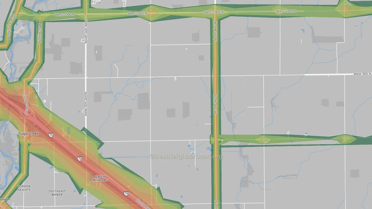 Green Meadows, IN Map of Noise Levels in Green Meadows