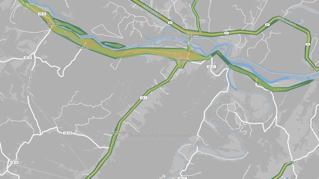 Green Spring, WV Map of Noise Levels in Green Spring