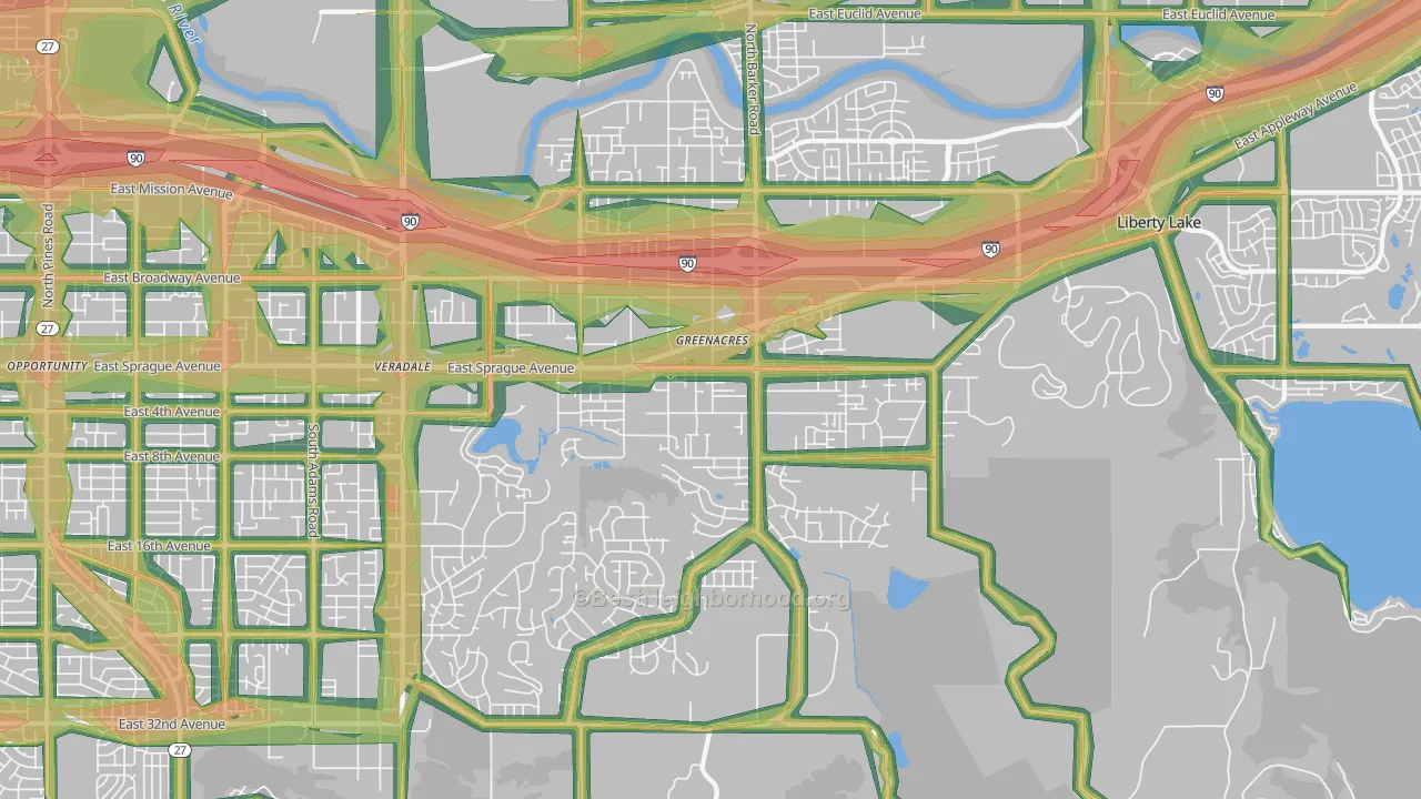 Greenacres, WA Map of Noise Levels in Greenacres