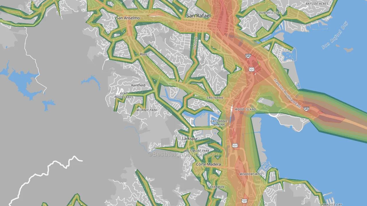 Greenbrae, CA Map of Noise Levels in Greenbrae