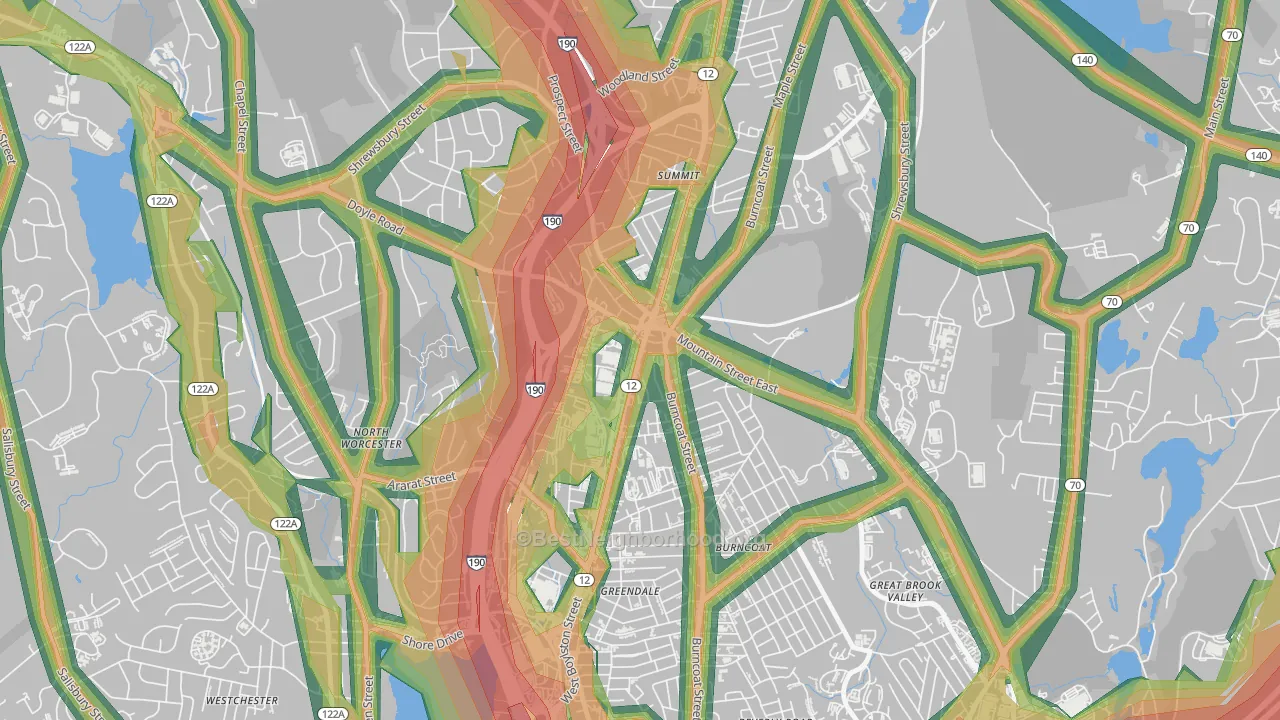 Greendale, Worcester, MA Map of Noise Levels in Greendale