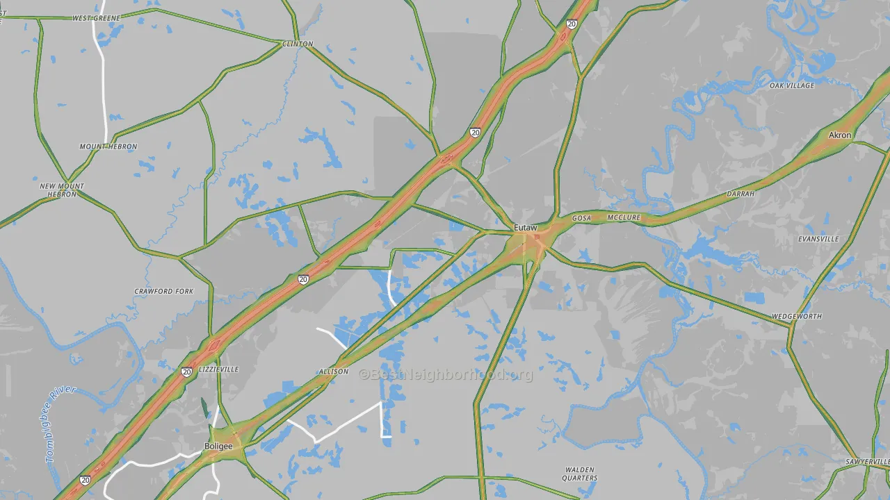Greene County, AL Map of Noise Levels in Greene County