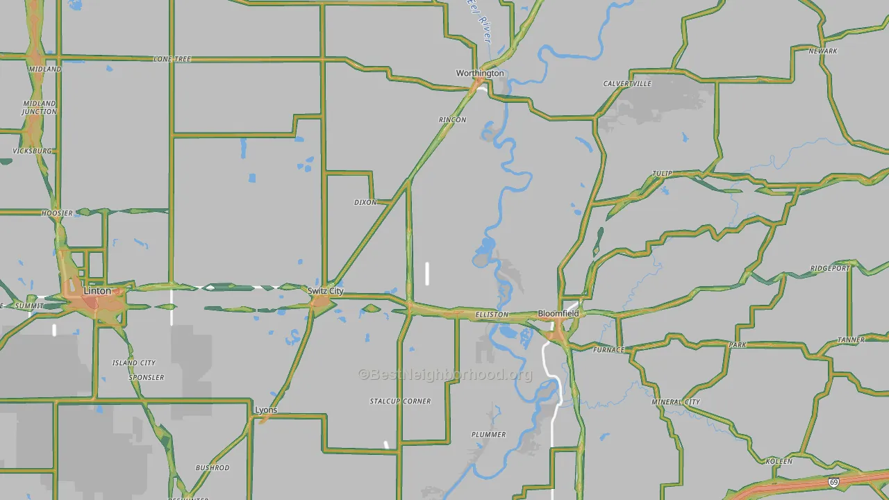 Greene County, IN Map of Noise Levels in Greene County