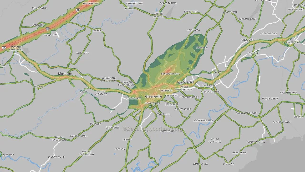 Greene County, TN Map of Noise Levels in Greene County