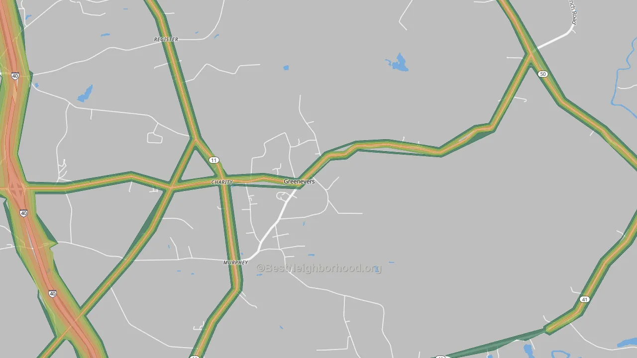 Greenevers, NC Map of Noise Levels in Greenevers