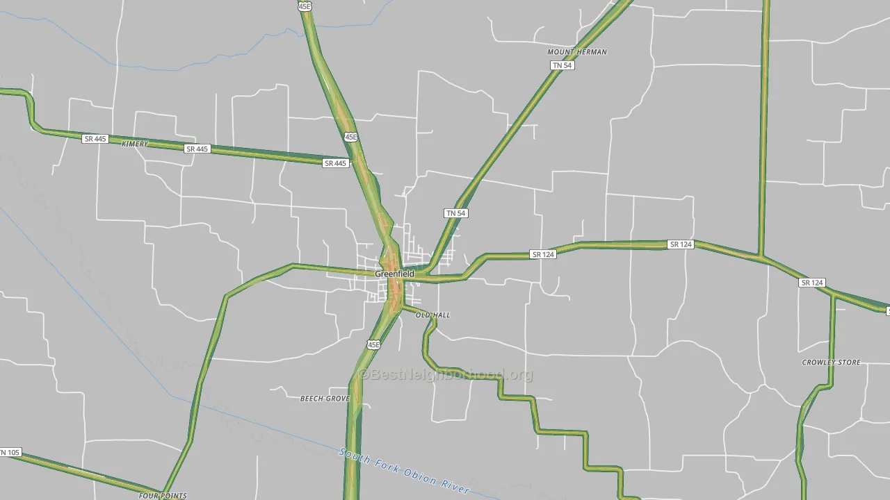 Greenfield, TN Map of Noise Levels in Greenfield