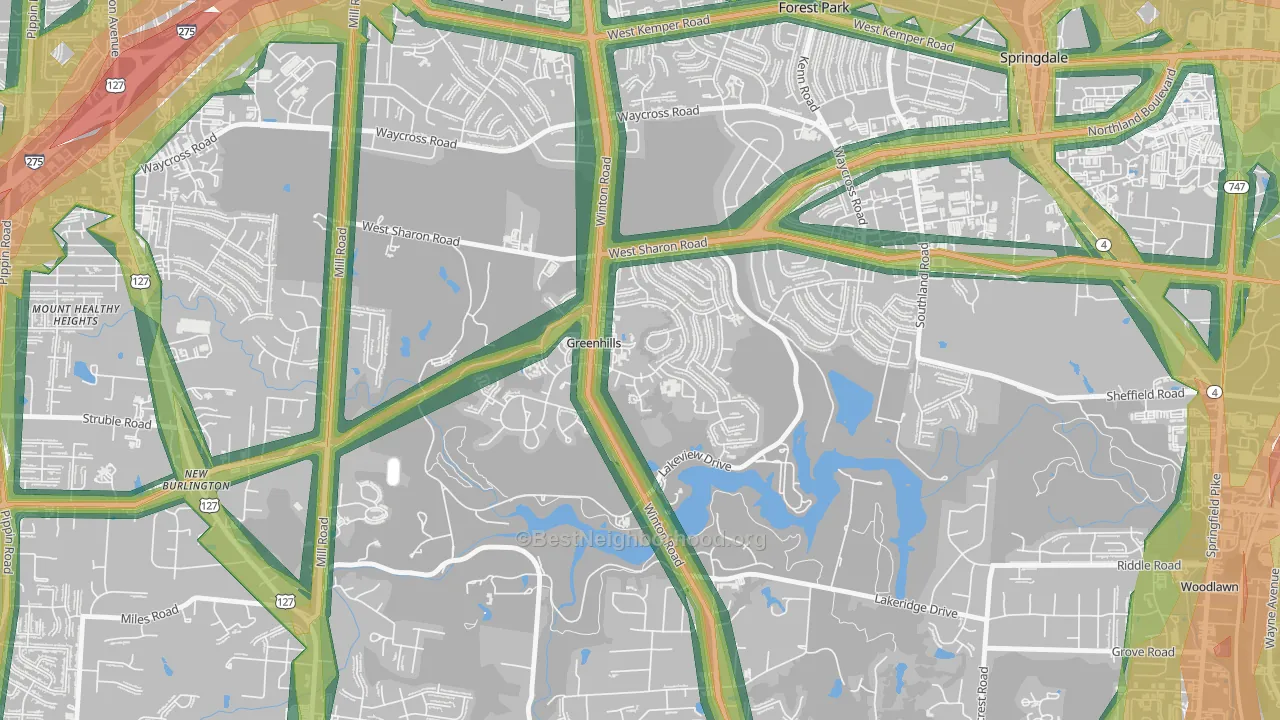 Greenhills, OH Map of Noise Levels in Greenhills