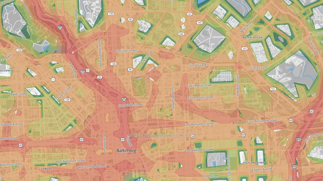 Greenmount, Baltimore, MD Map of Noise Levels in Greenmount