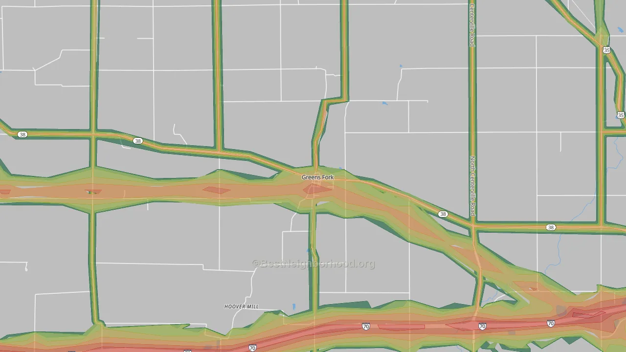 Greens Fork, IN Map of Noise Levels in Greens Fork
