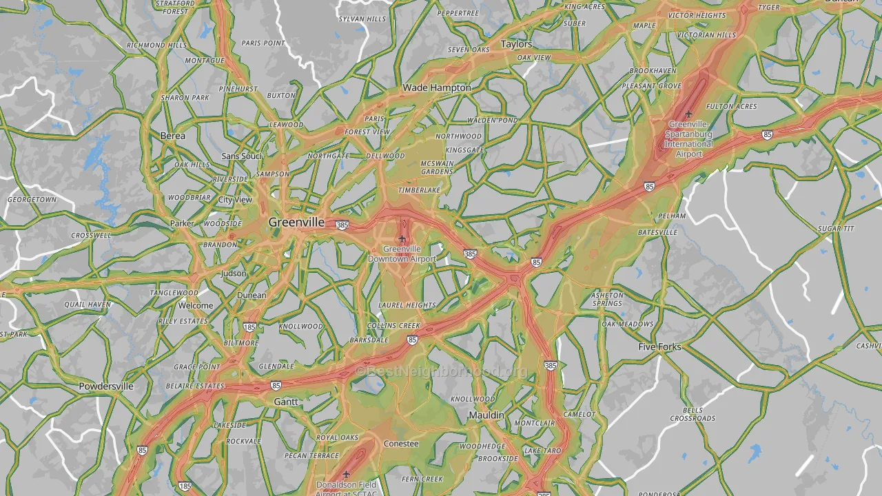 Greenville County, SC Map of Noise Levels in Greenville County