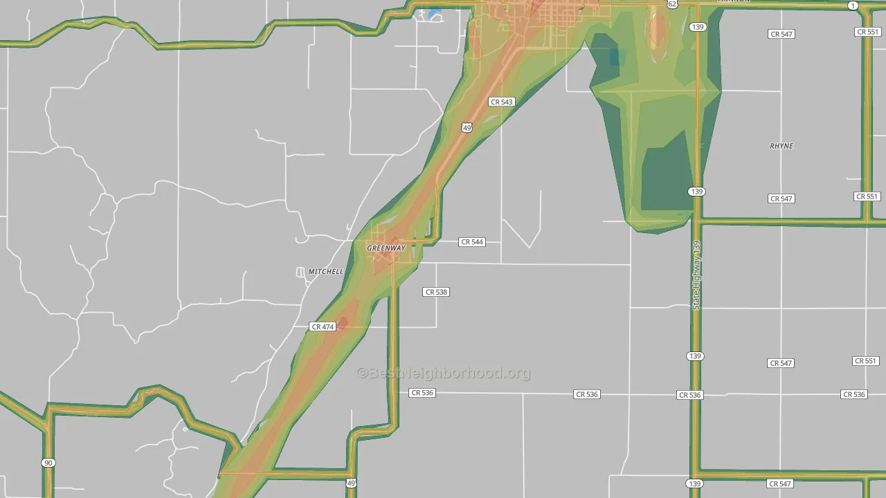Greenway, AR Map of Noise Levels in Greenway