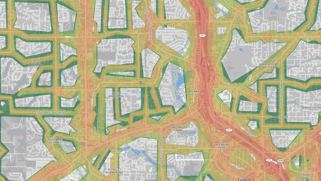 Greenway, Beaverton, OR Map of Noise Levels in Greenway