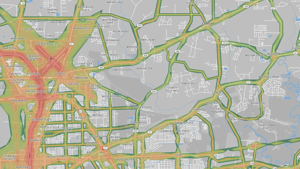 Greenwell Springs-Central Area, Baton Rouge, LA Map of Noise Levels in Greenwell Springs-Central Area