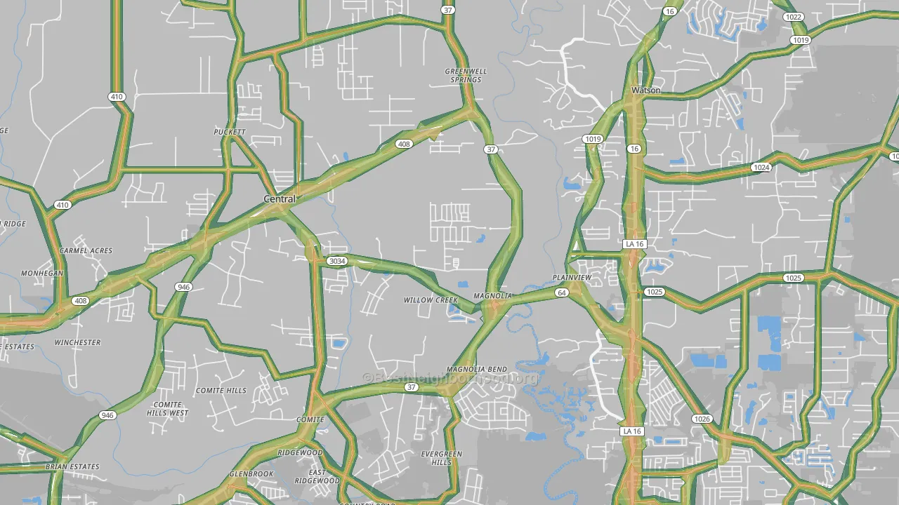 Greenwell Springs, LA Map of Noise Levels in Greenwell Springs
