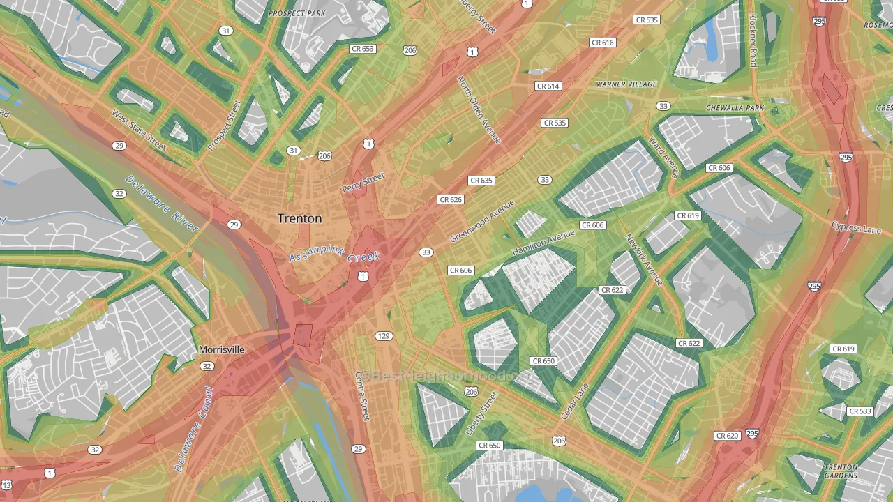 Greenwood and Hamilton, Trenton, NJ Map of Noise Levels in Greenwood and Hamilton
