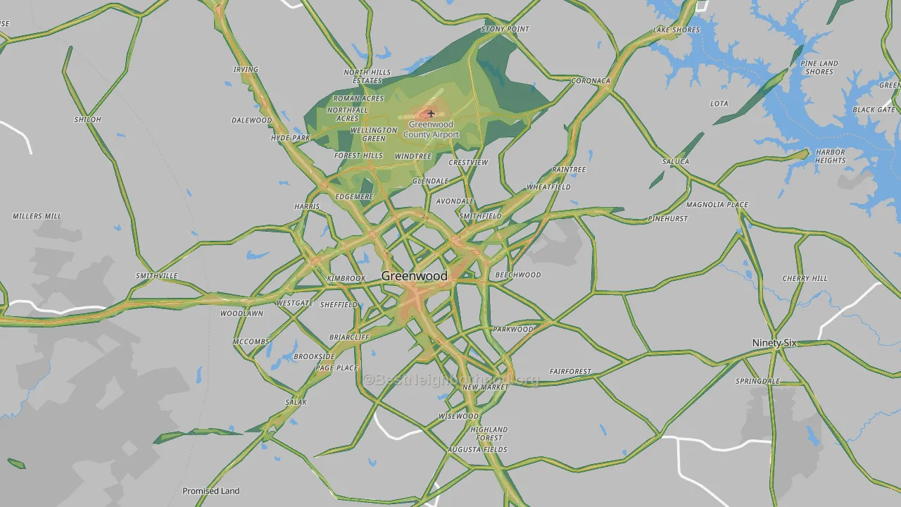 Greenwood County, SC Map of Noise Levels in Greenwood County