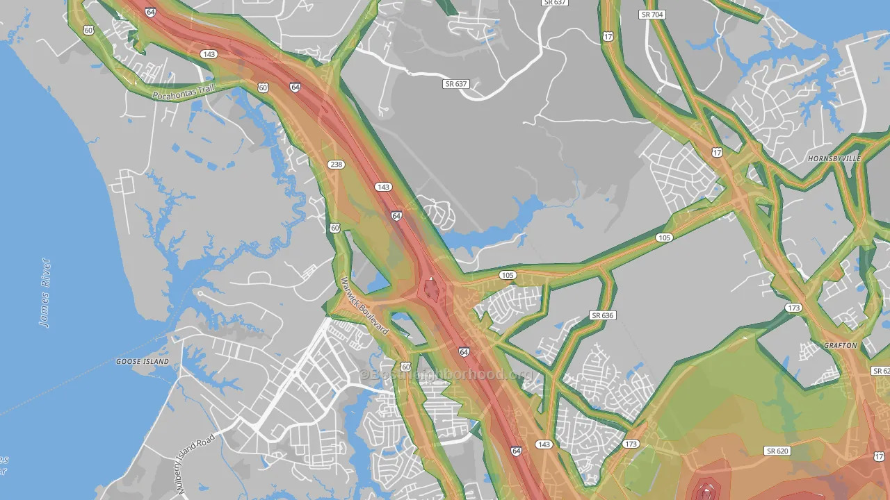 Greenwood, Newport News, VA Map of Noise Levels in Greenwood
