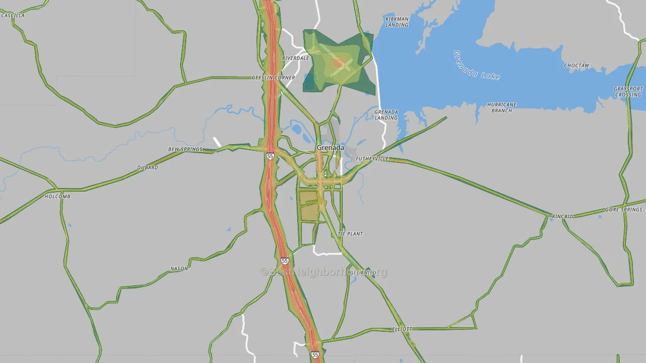 Grenada, MS Map of Noise Levels in Grenada