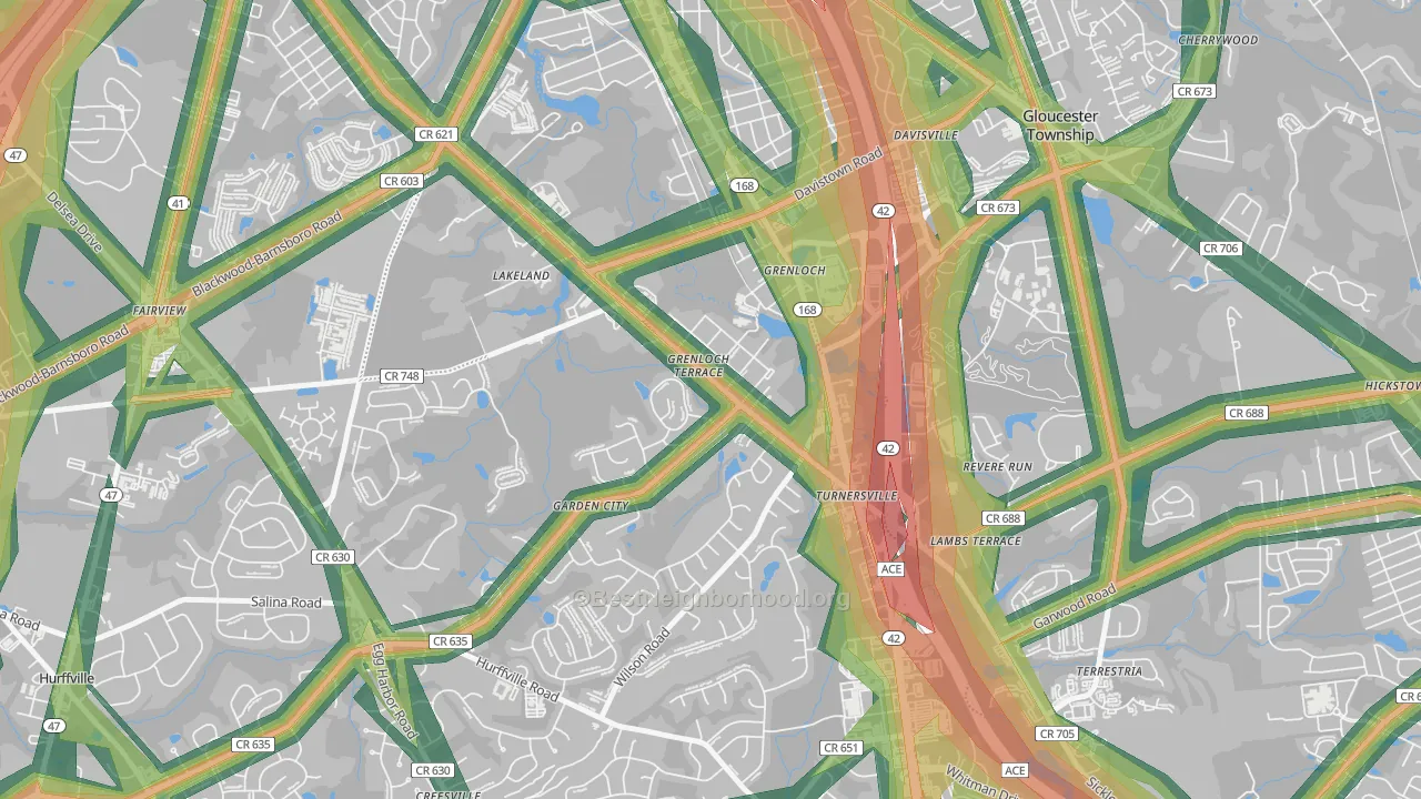 Grenloch, NJ Map of Noise Levels in Grenloch