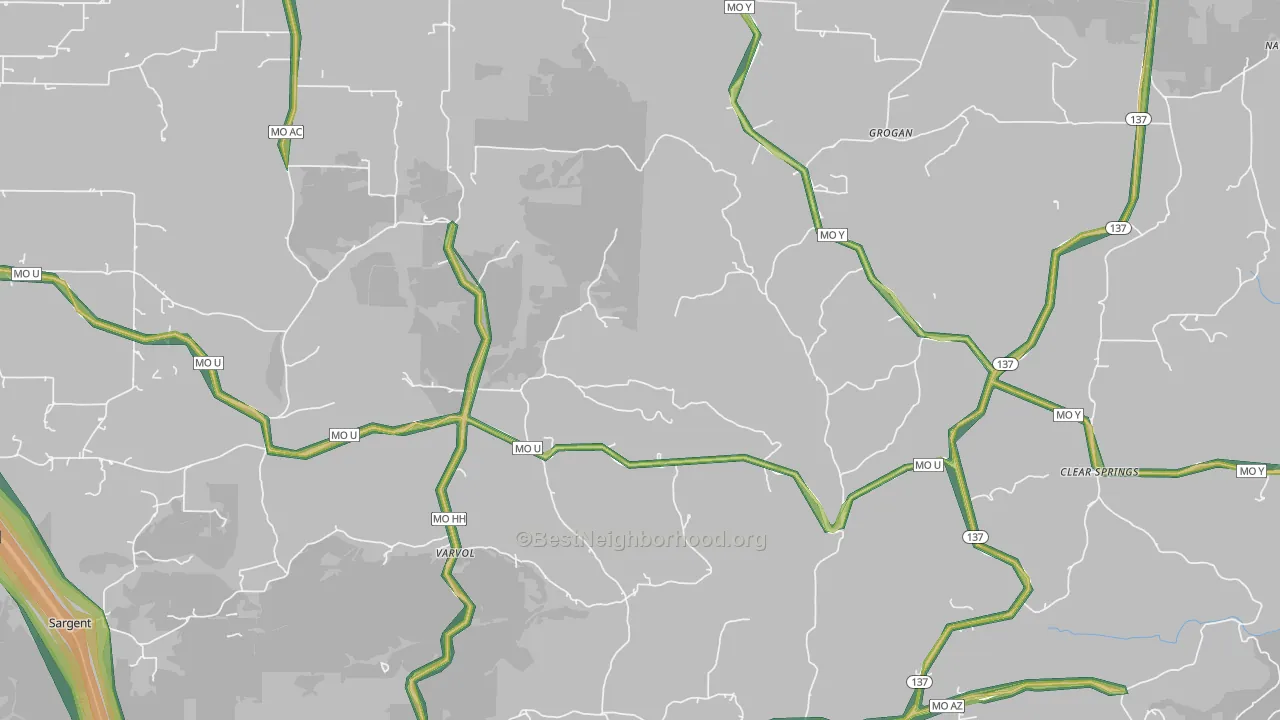 Grogan, MO Map of Noise Levels in Grogan