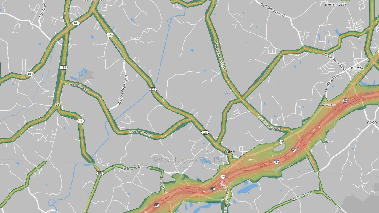 Grover, NC Map of Noise Levels in Grover