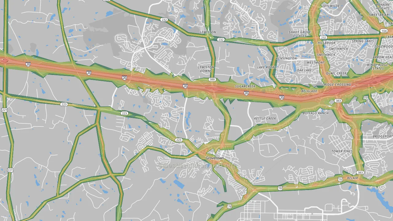 Grovetown, GA Map of Noise Levels in Grovetown