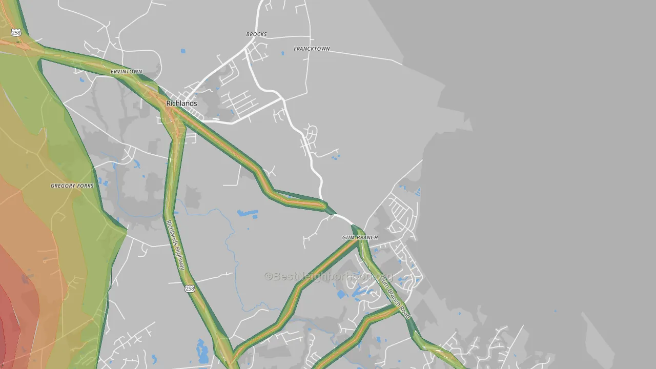 Gum Branch, NC Map of Noise Levels in Gum Branch