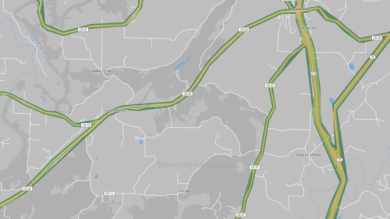 Gum Springs, AL Map of Noise Levels in Gum Springs
