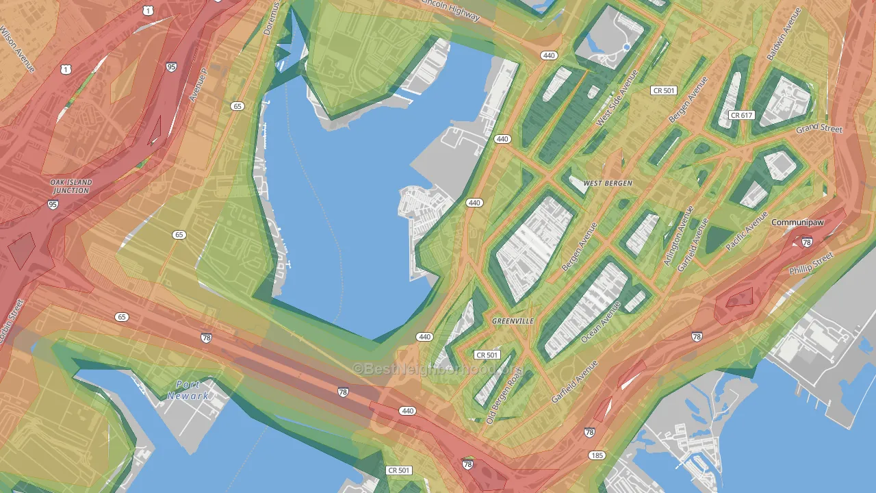Hackensack Riverfront, Jersey City, NJ Map of Noise Levels in Hackensack Riverfront