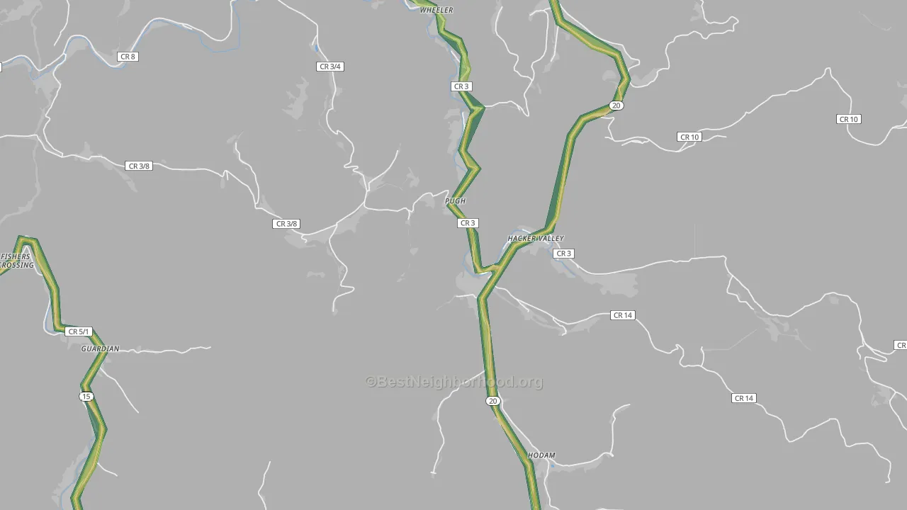 Hacker Valley, WV Map of Noise Levels in Hacker Valley
