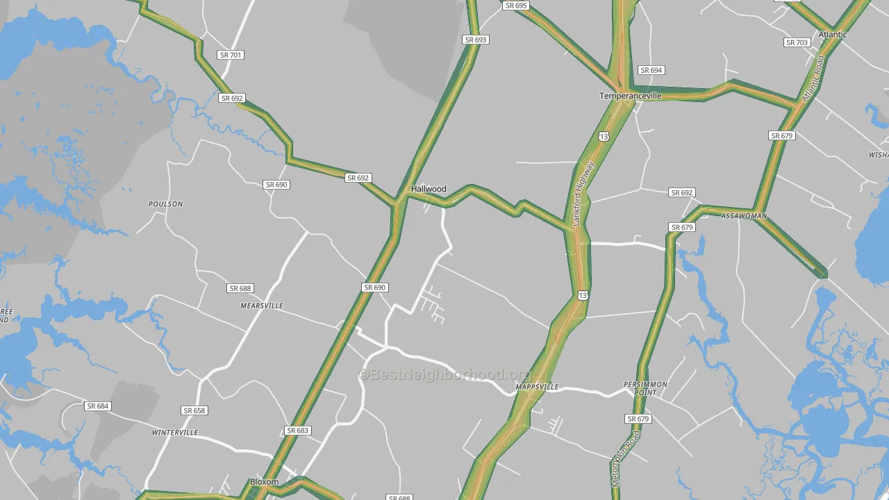 Hallwood, VA Map of Noise Levels in Hallwood