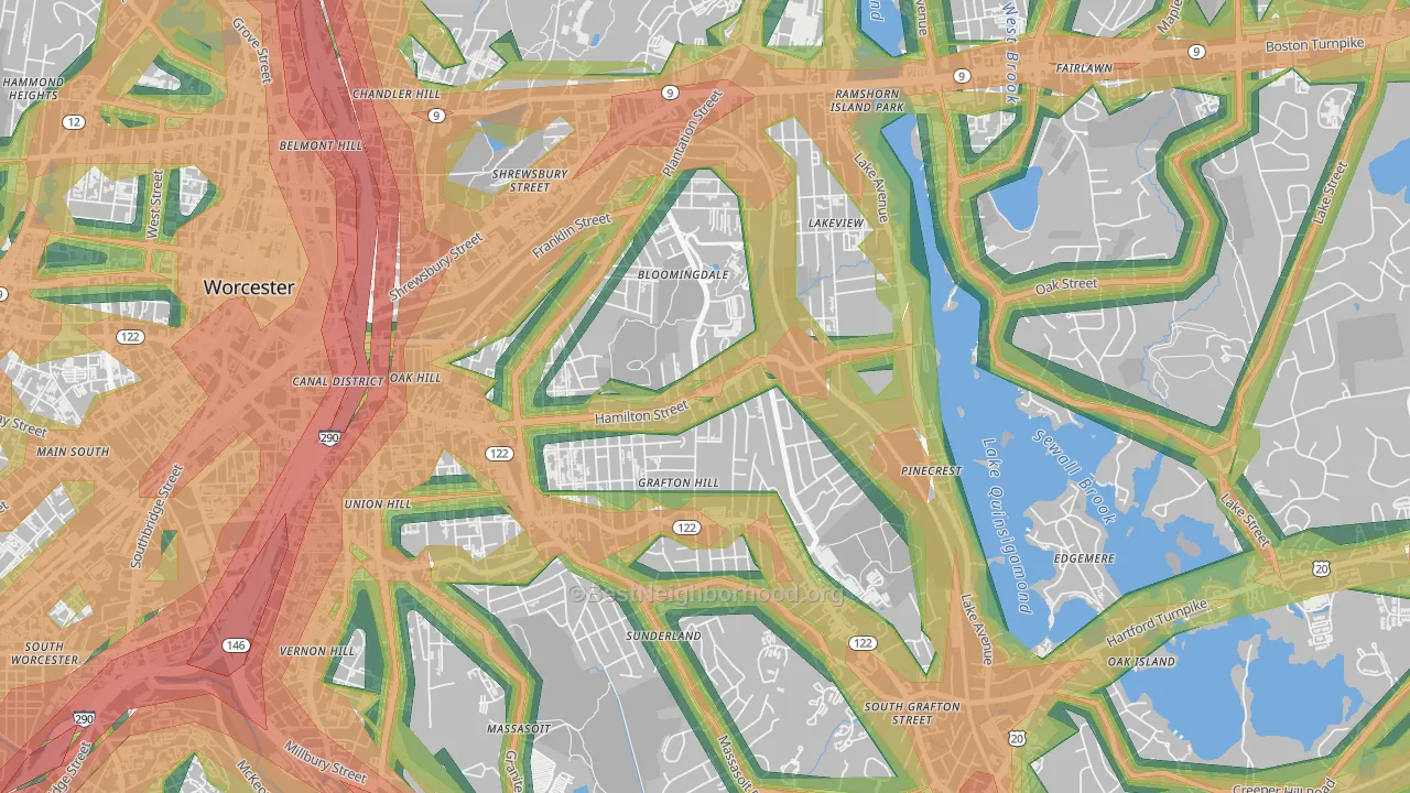 Hamilton, Worcester, MA Map of Noise Levels in Hamilton